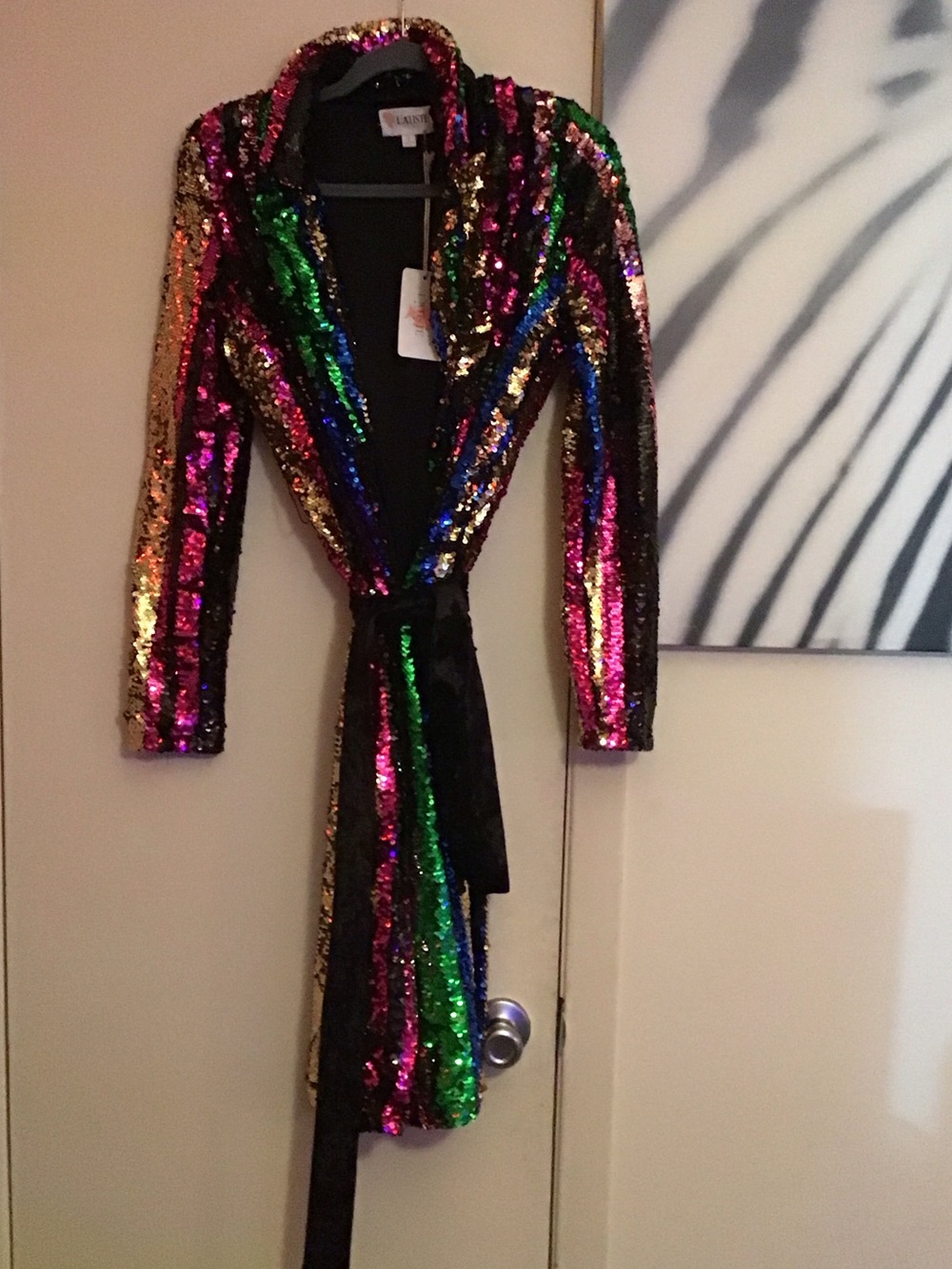 L'ATISTE Multicolor Sequin Wrap Blazer with Black Belt